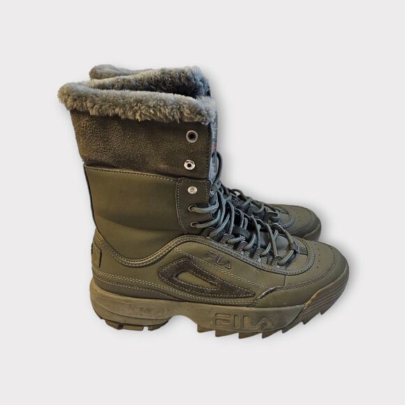 FILA Disruptor Comfy Shearling Boot Olive Green Leather Fur 9.5 Mens - Picture 15 of 16